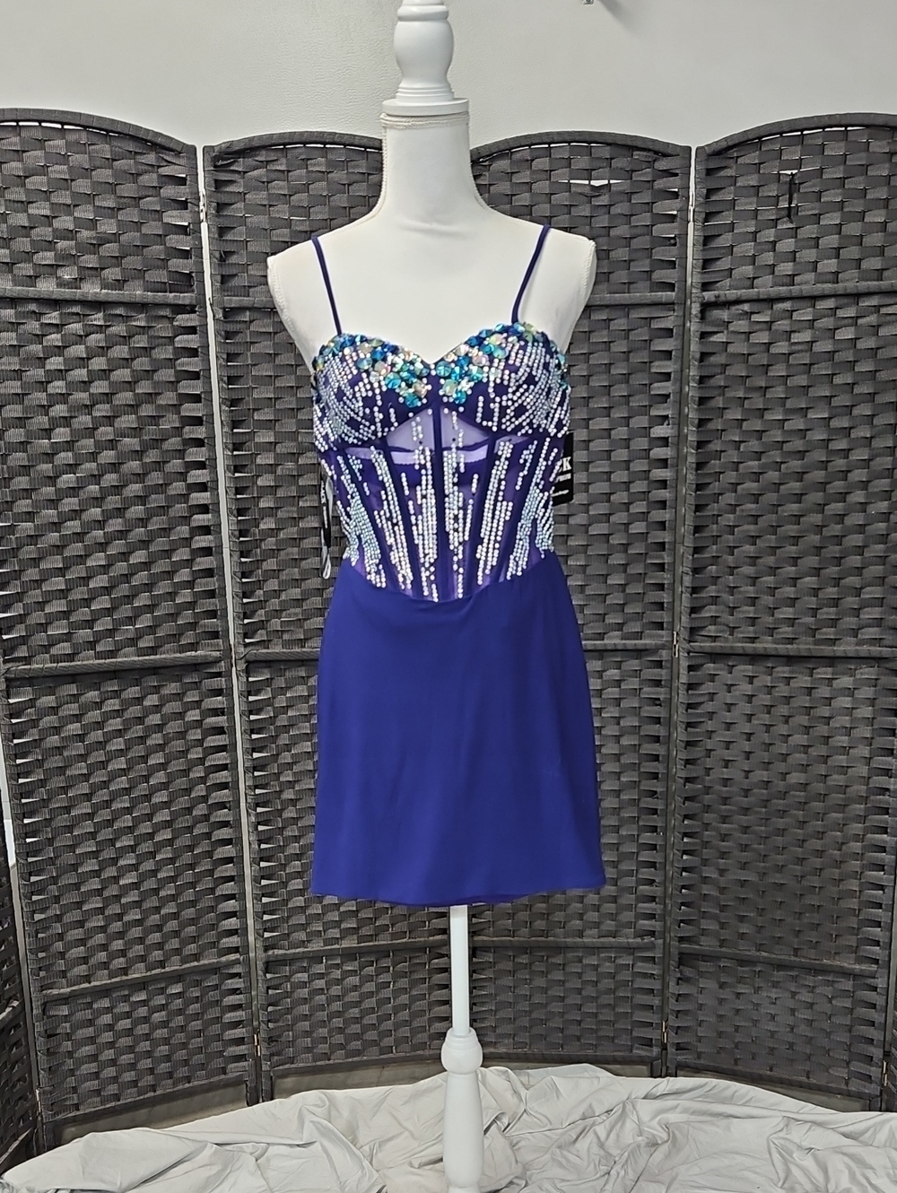 Sequin-Embellished Royal Blue Mini Dress with Spaghetti Straps